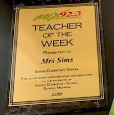 Mix 92.3 Teacher of the Week plaque 